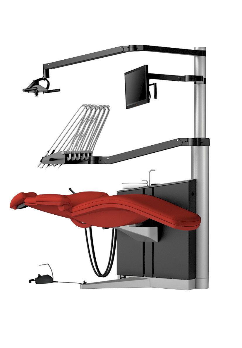 Ergonomiczny unit stomatologiczny XO FLEX w kolorze czarnym z czerwoną tapicerką i fotelem